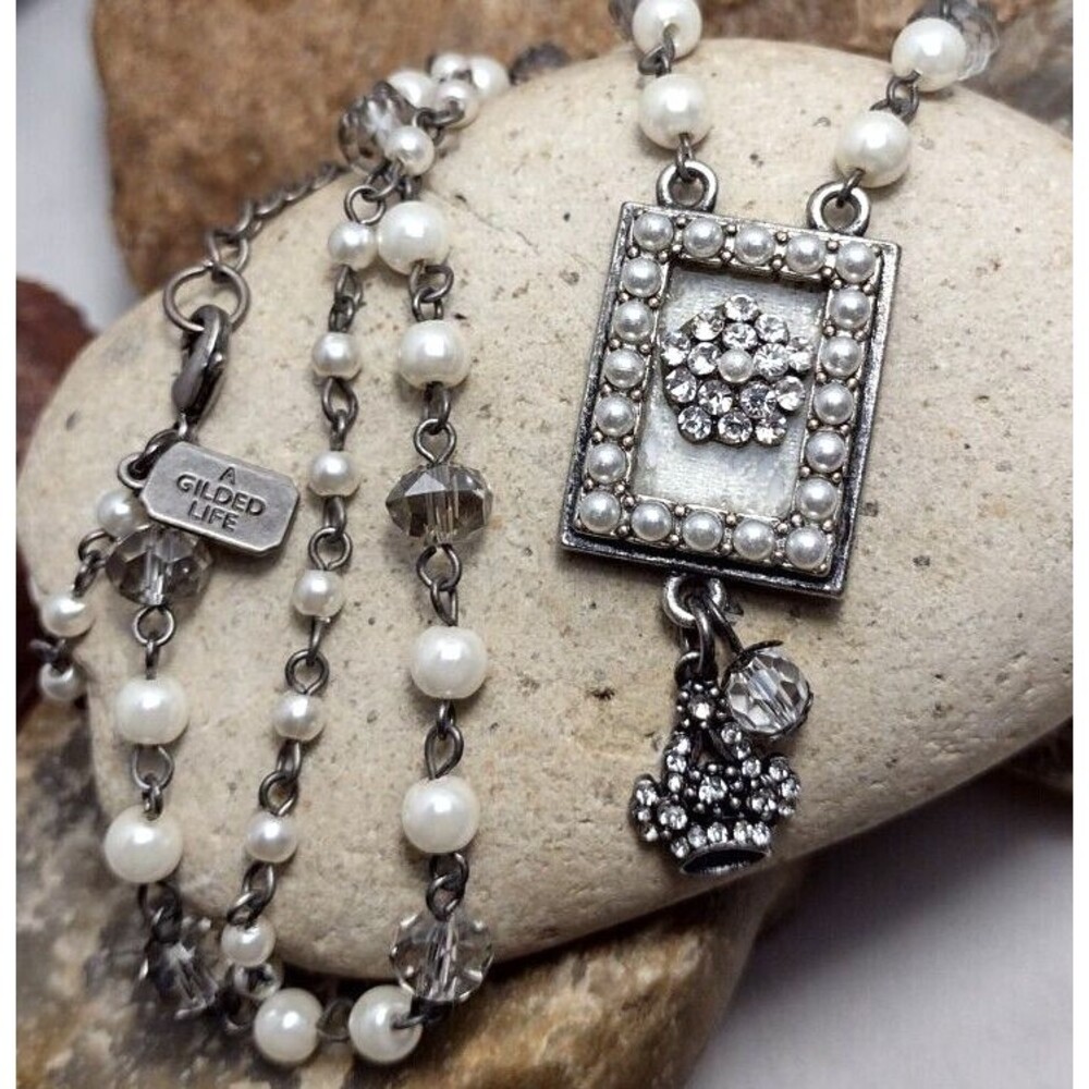 A Gilded Life Necklace Multi Strand Pearl Rhinestone Accent